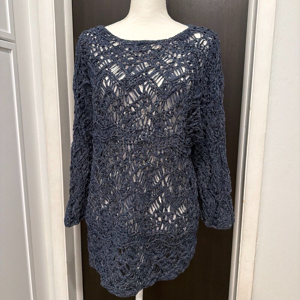 Chico’s Open Stitch Indigo Pullover Sweater 3/L Crochet Boho Coastal Cottage